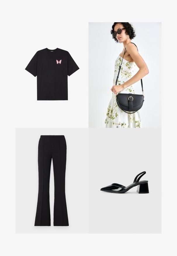 Svart bomulls T-skjorte med korte ermer, med en liten rosa sommerfugl grafikk på venstre bryst. Crew-neck design med en avslappet passform.; Sorte flagrende bukser laget av glatt stoff, med en tettsittende midje, front sømdetaljer og en lett flare som begynner fra kneet.; Svarte patentlær slingback hæler med spiss tå og geometrisk blokk hæl. Har et stilrent, minimalistisk design og jevn tekstur.; Svart lærveske med en buet form, avtagbar stropp og gullbeslag. Vesken har et klaff med spenne-detall.
