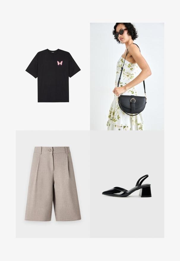 Fekete pamut póló rövid ujjakkal, bal mellkason egy kis rózsaszín pillangó grafikával. Kerek nyakú kialakítás, laza fazonnal.; Beige, pleatelt nadrág, gombos záródással és sima textúrával, modern, struktúrált sziluetthez tervezve.; Fekete lakk bőr szandálkés magas sarkú cipő, hegyes orral és geometrikus tömbsarkakkal. Karcsú, minimalista dizájn és sima textúra jellemzi.; Fekete bőrtáska ívelt formával, levehető pánttal és arany színű fémrészekkel. A táskán egy csattal díszített fedél található.