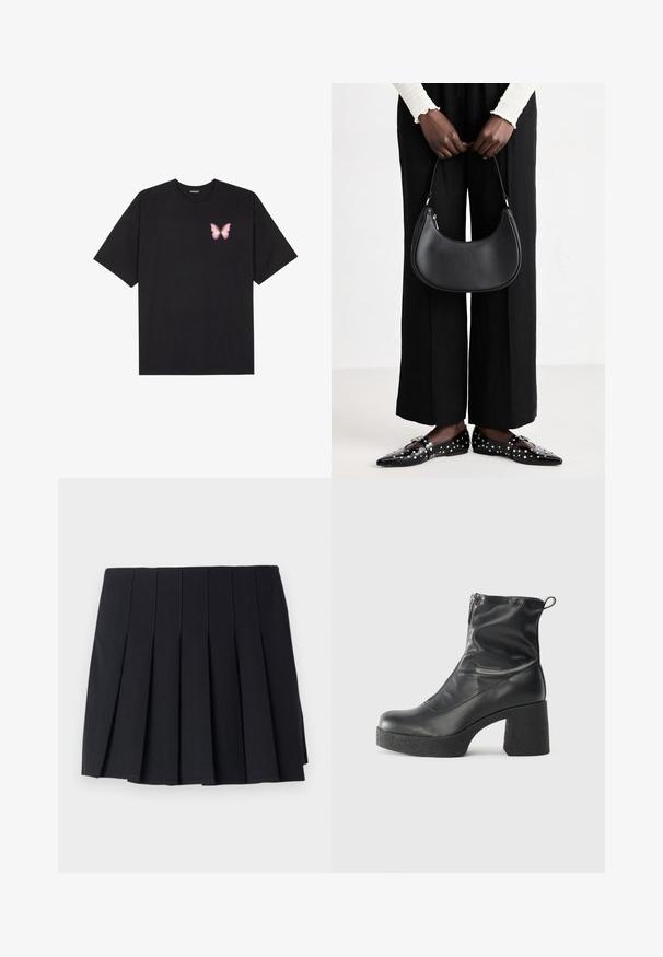 Fekete pamut póló rövid ujjakkal, bal mellkason egy kis rózsaszín pillangó grafikával. Kerek nyakú kialakítás, laza fazonnal.; Fekete, pliszírozott szoknya puha anyagból. Vertikális varrásokkal és kényelmes, elasztikus derékkal rendelkezik. Térd középig érő hossz, minimalista design.; Fekete bokacsizmák sima bőrből, oldalsó cipzárral, vastag, texturált sarkú és lekerekített orrú dizájnnal.; Fekete bőr válltáska lekerekített formával, fényes felülettel és ezüst színű kiegészítőkkel. A személy fekete, bő szárú nadrágot és szegecses mokaszinokat visel.