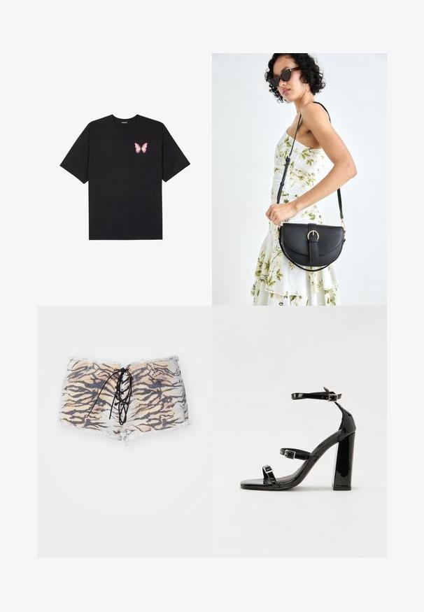 Fekete pamut póló rövid ujjakkal, bal mellkason egy kis rózsaszín pillangó grafikával. Kerek nyakú kialakítás, laza fazonnal.; Csíkos tigermintás rövidnadrág, amely farmerebből készült, rojtos szegéllyel, fekete fűzős elemmel és tonális varrással. A színpaletta bézs és fekete árnyalatokat tartalmaz.; Fekete lakk magas sarkú szandál két csatos pánttal, négyzet alakú orral és tömzsi blokk sarokkal, sima, fényes felülettel.; Fekete bőrtáska ívelt formával, levehető pánttal és arany színű fémrészekkel. A táskán egy csattal díszített fedél található.