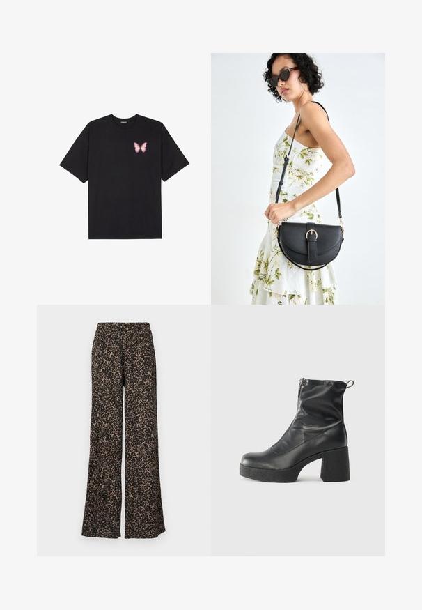 Must muströöpidega must puuvillane T-särk, vasakul rinnal on väike roosa liblikas. Ümar kaelus ja vabalt istuv lõige.; Laiad sääred, mis on kaetud leopardimustriga mustades ja pruunides toonides, valmistatud kergest kangast ja elastse vöökohtaga.; Mustad mustad ansapüksid, mis on valmistatud siledast nahast, külje zipperiga, paksu tekstuuriga kontsaga ja ümmarguse nina disainiga.; Mustmust mustraha kõverate joontega, eemaldatava rihmaga ja kuldsete detailidega. Kotil on klapp, millel on pandladetail.