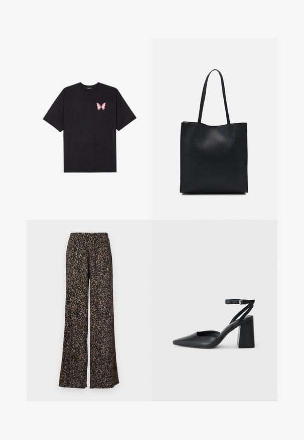 T-shirt en coton noir à manches courtes, avec un petit graphique de papillon rose sur la poitrine gauche. Modèle à col rond avec une coupe décontractée.; Pantalons larges avec un motif léopard en nuances de noir et de marron, fabriqués en tissu léger avec une taille élastique.; Escarpin noir en cuir à bout pointu avec une bride de cheville et un talon épais. Texture lisse, design élégant et esthétique minimaliste.; Sac fourre-tout en cuir noir avec une texture lisse, de forme rectangulaire et deux longues poignées. Pas de matériel ou d'ornementations visibles.