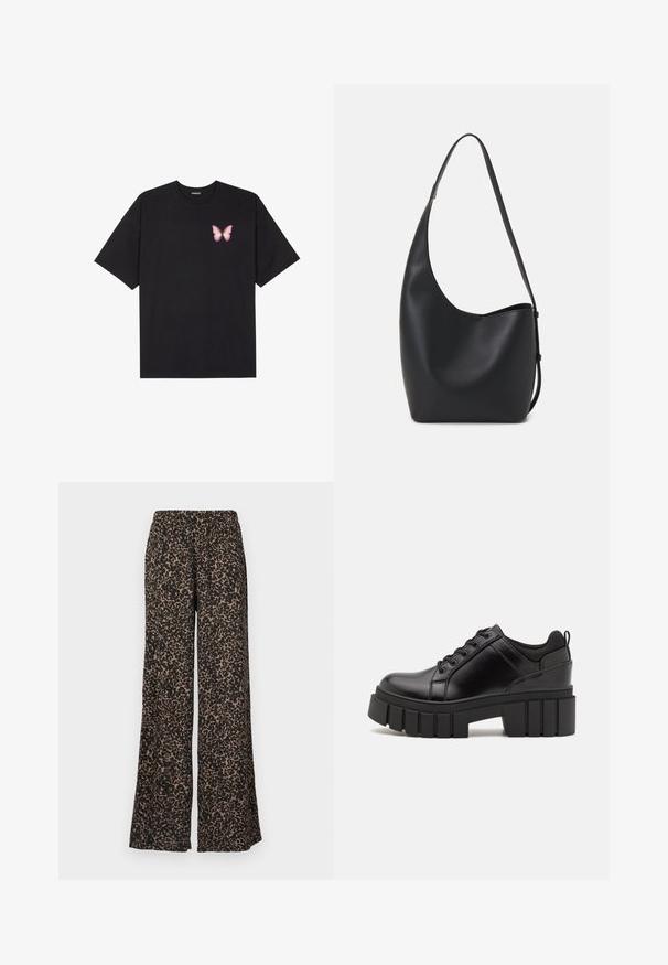 Black cotton t-shirt with short sleeves, featuring a small pink butterfly graphic on the left chest. Crew neck design with a relaxed fit.; Wide-leg pants featuring a leopard print pattern in earthy tones of brown and black, made from a soft, lightweight fabric with an elastic waistband.; Black leather platform shoes with a chunky block heel, round toe, and traditional lace-up design. Features smooth texture and minimal detailing.; Black leather hobo bag with a smooth texture, curved shape, and single adjustable strap; features a wide opening at the top.