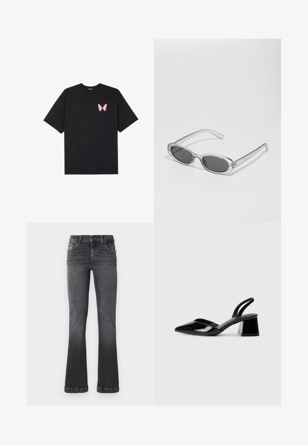 Črna bombažna majica s kratkimi rokavi, ki ima majhen roza metuljček na levi strani prsnega dela. Majica s krožnim ovratnikom in sproščenim krojem.; Črne flare kavbojke v srednje težkem jeansu. Oblikovanje s petimi žepi z rahlo zbledelim pranjem in kontrastnim šivanjem ob šivih.; Črne lakirane slingback pete s koničastim nosom in geometrijsko blokasto peto. Imajo eleganten, minimalističen dizajn in gladko teksturo.; Sončna očala ovalne oblike, prozoren plastičen okvir, temno sivi leči in tanke prozorne roke z logotipnimi akcenti in minimalnimi detajli.; Črna usnjena torbica s ukrivljeno obliko, z odstranljivo naramnico in zlatimi dodatki. Torbica ima pokrov s podrobnostmi v obliki zaponke.