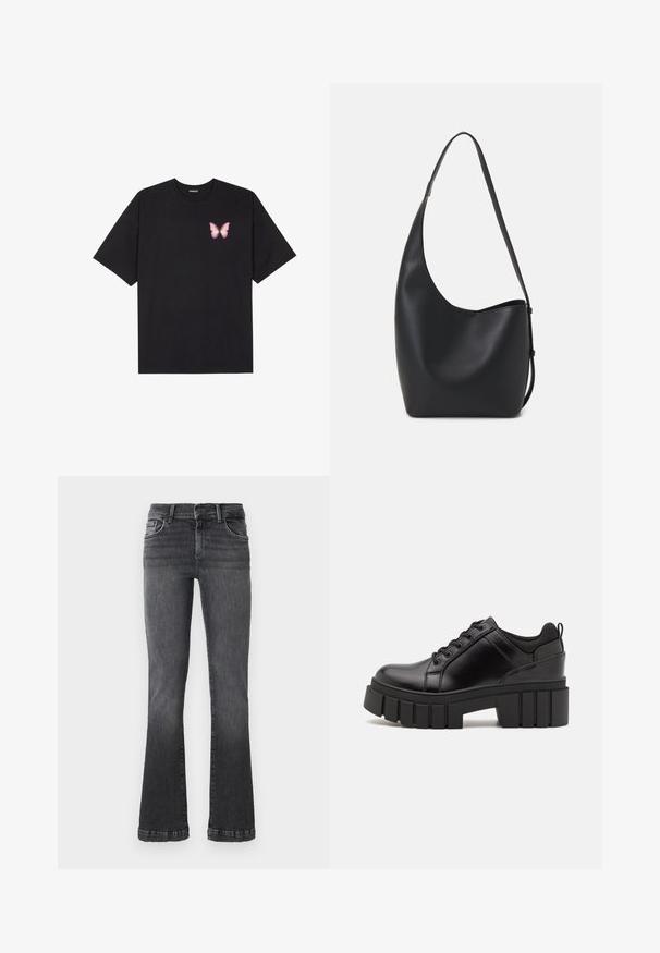 Black cotton t-shirt with short sleeves, featuring a small pink butterfly graphic on the left chest. Crew neck design with a relaxed fit.; Flared black jeans in a mid-weight denim. Five-pocket design with a subtle faded wash and contrasting stitching along the seams.; Black leather platform shoes with a chunky block heel, round toe, and traditional lace-up design. Features smooth texture and minimal detailing.; Black leather hobo bag with a smooth texture, curved shape, and single adjustable strap; features a wide opening at the top.