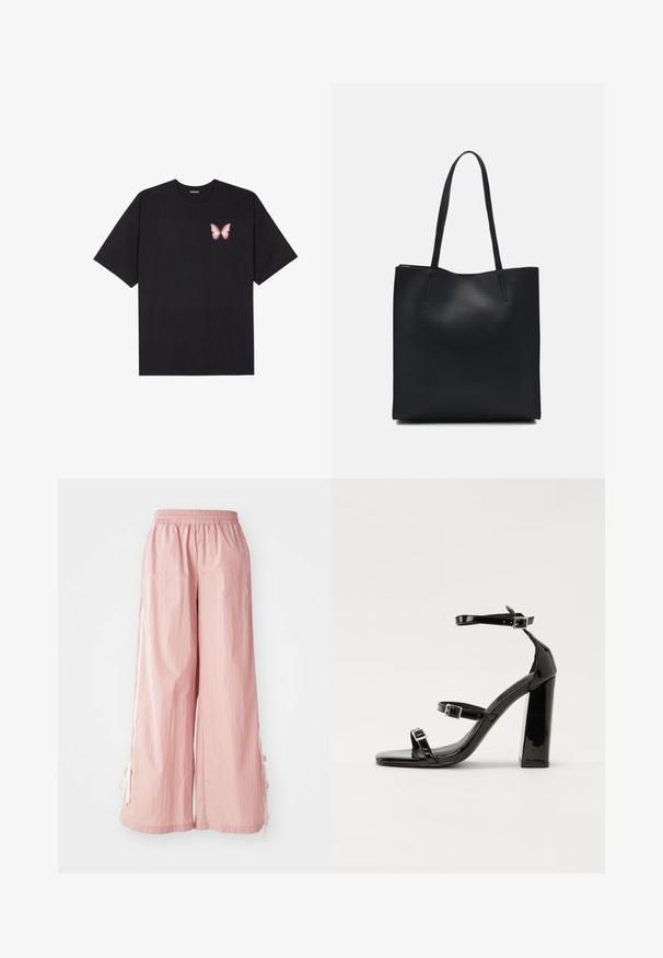 Black cotton t-shirt with short sleeves, featuring a small pink butterfly graphic on the left chest. Crew neck design with a relaxed fit.; Light pink, wide-leg pants with an elastic waistband and side ties. Made from lightweight material with subtle texture and branding detail.; Black patent high-heeled sandals with two buckle straps, square toe, and a chunky block heel, featuring a smooth, glossy texture.; Black leather tote bag with smooth texture, rectangular shape, and two long handles. No visible hardware or embellishments.