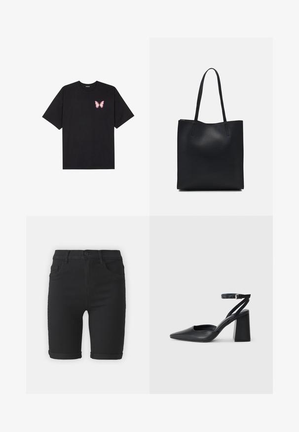 Tricou negru din bumbac cu mâneci scurte, având pe partea stângă a pieptului un mic grafic cu un fluture roz. Design cu guler rotund și croială lejeră.; Şorturi din denim negru cu croială dreaptă, având tivuri rulate, buzunare frontale și închidere cu buton. Textură netedă și design minimalist.; Pantofii cu toc ascuțit din piele neagră, cu breteaua pentru glezne și toc gros. Textură netedă, design elegant și estetică minimală.; Geantă tote neagră din piele, cu textură netedă, formă rectangulară și două mânere lungi. Fără hardware vizibil sau ornamente.