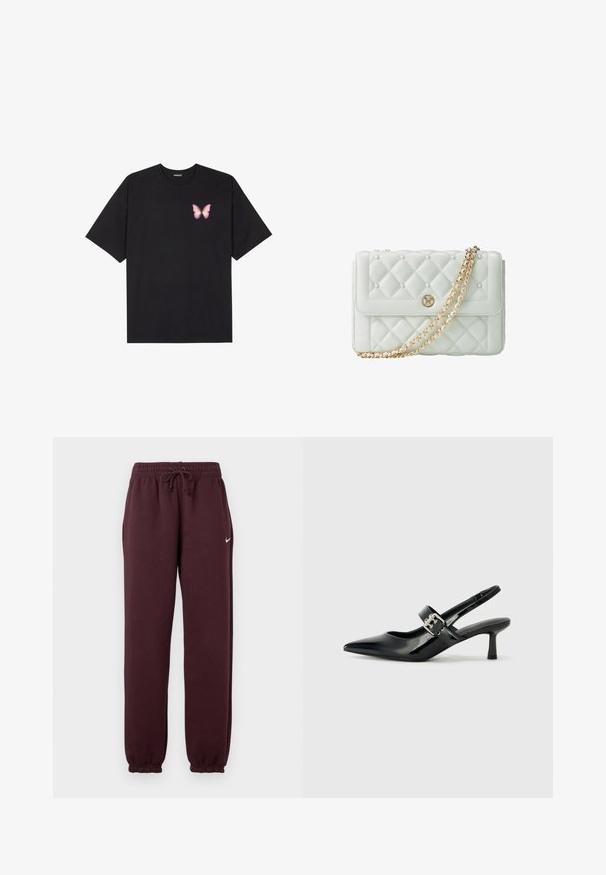 Czarny bawełniany t-shirt z krótkim rękawem, z małym różowym motylkiem na lewej piersi. Klasyczny dekolt z luźnym fasonem.; Bordowe spodnie dresowe z elastycznym paskiem i regulowanym trokiem. Wyróżniają się ściągaczami na dole nogawek oraz małym białym logo po lewej stronie.; Czarne lakierowane szpilki slingback z wąskim noskiem i małym słupkiem, z ozdobnym srebrnym klamrą na pasku.; Victoria Hyde - Torebka