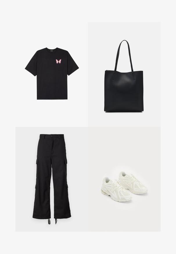T-shirt en coton noir à manches courtes, avec un petit graphique de papillon rose sur la poitrine gauche. Modèle à col rond avec une coupe décontractée.; Pantalons cargo noirs en tissu robuste, dotés de poches latérales, d'une fermeture à bouton, d'une coupe large et de cordons de serrage ajustables à l'ourlet.; Baskets de sport blanches en matériaux mesh et synthétiques, design à lacets, col rembourré et semelle texturée pour l'adhérence. Construction légère.; Sac fourre-tout en cuir noir avec une texture lisse, de forme rectangulaire et deux longues poignées. Pas de matériel ou d'ornementations visibles.