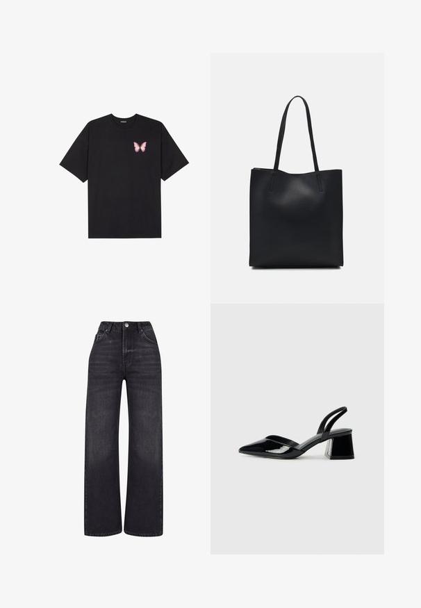 Must muströöpidega must puuvillane T-särk, vasakul rinnal on väike roosa liblikas. Ümar kaelus ja vabalt istuv lõige.; 2Y Studios NAYA BASIC LIGHT - Wide leg - washed black; Mustad musta lakknahk kingad, millel on terav varvas ja geomeetriline plokkkonts. Omab elegantselt minimalistlikku disaini ja sujuvat tekstuuri.; Mustast nahast kott sujuva tekstuuriga, ristkülikukujuline ja kahe pika sangaga. Pole nähtavat riistvara ega kaunistusi.