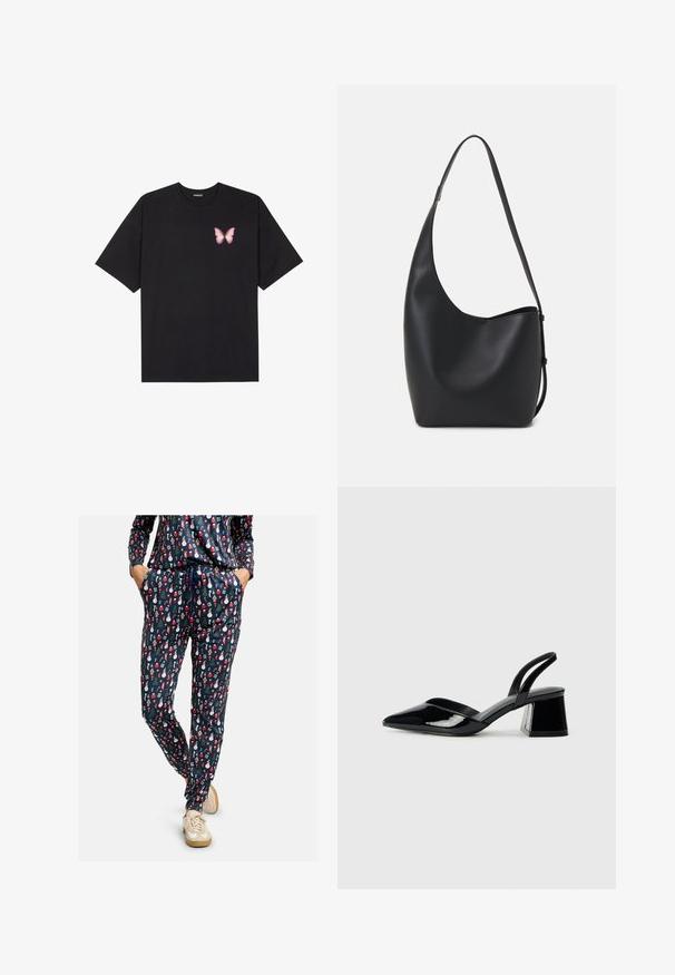 Black cotton t-shirt with short sleeves, featuring a small pink butterfly graphic on the left chest. Crew neck design with a relaxed fit.; Navy blue pajama pants with a festive print of snowmen, trees, and ornaments. Made from soft fabric, featuring an elastic waist and pockets.; Black patent leather slingback heels with a pointed toe and a geometric block heel. Features a sleek, minimal design and smooth texture.; Black leather hobo bag with a smooth texture, curved shape, and single adjustable strap; features a wide opening at the top.
