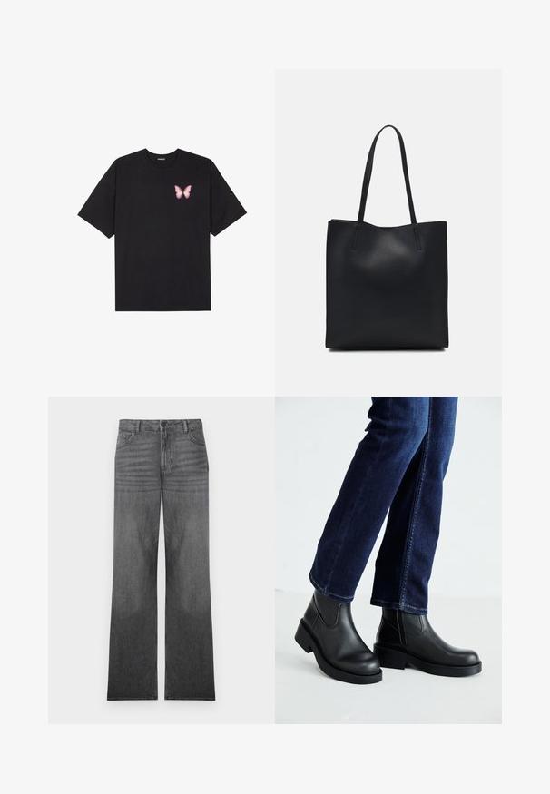 Juodas medvilnės marškinėliai trumpomis rankovėmis, su maža rožine drugelio grafika kairėje krūtinės pusėje. Apvalus kaklo iškirpimas, laisvas kirpimas.; Pilki džinsai su plačiais kirpimais, vidutinio plovimo, turintys penkių kišenių dizainą, priekinį mygtuko užsegimą ir subtilius siūlių akcentus.; Juoda odinė kulkšninių botų su storu padu ir šoninėmis elastinėmis detalėmis, derinama su tamsiai mėlynomis džinsais. Žemė šviesios spalvos.; Juodas odinis tote krepšys su lygia tekstūra, stačiakampio formos ir dviem ilgais rankenomis. Matomų metalinių detalių ar puošybos nėra.