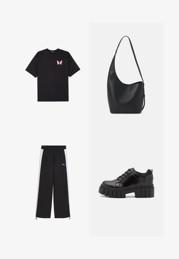 Juodas medvilnės marškinėliai trumpomis rankovėmis, su maža rožine drugelio grafika kairėje krūtinės pusėje. Apvalus kaklo iškirpimas, laisvas kirpimas.; Juodos sportinės kelnės su baltais šoninėmis juostelėmis, elastiniu liemeniu ir raišteliu apačioje. Yra nedidelis baltas logotipas.; Juodi odiniai platformos batai su masyviu blokuota kulniuku, apvalia nosimi ir tradiciniu šnypštimo dizainu. Turintys glotnų paviršių ir minimalų dekoravimą.; Juodas odinis hobo maišas su lygiu paviršiumi, kreipta forma ir viena reguliuojama rankena; turi platų atidarymą viršuje.