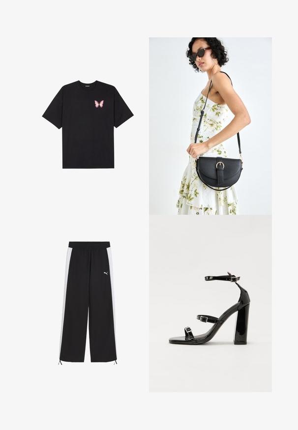 Crna pamučna majica s kratkim rukavima, s malim grafičkim prikazom ružičaste vjetricaste s desne strane na prsima. Dizajn s okruglim izrezom i opuštenim krojem.; Crne atletske hlače s bijelim bočnim trakama, elastičnim pojasom i detaljem vezanja na rubu. Sadrži mali bijeli logo.; Crne lakirane sandale na visoku petu s dva remena s kopčama, kvadratnim vrhom i masivnom blok petom, s glatkom, sjajnom teksturom.; Crna kožna torba s lukovitim oblikom, odvojivim remenom i zlatnim detaljima. Torba ima preklop s kopčom.