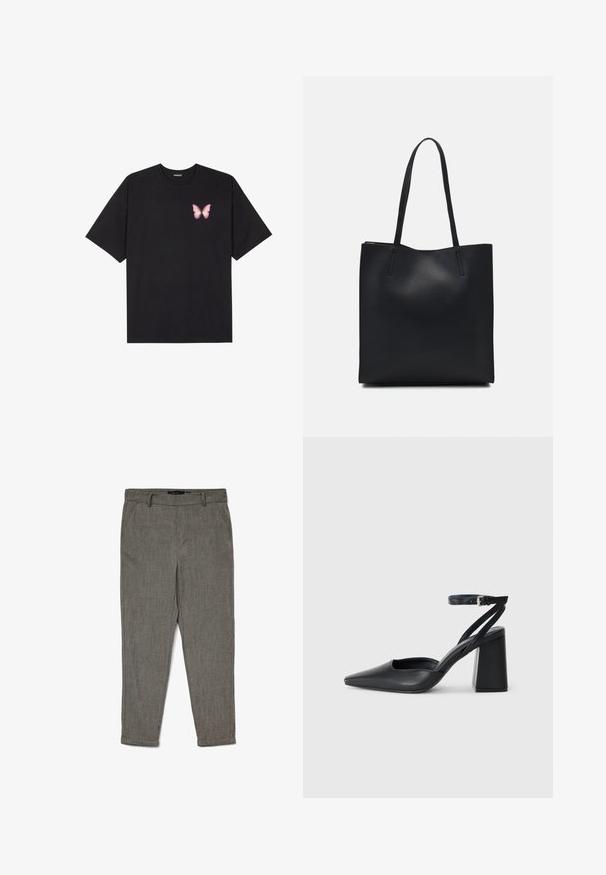 Black cotton t-shirt with short sleeves, featuring a small pink butterfly graphic on the left chest. Crew neck design with a relaxed fit.; Men's gray tapered dress pants with belt loops, side pockets, and cuffed hems, made from textured fabric.; Black leather pointy-toe pump with an ankle strap and a chunky heel. Flat texture, sleek design, and minimalistic aesthetics.; Black leather tote bag with smooth texture, rectangular shape, and two long handles. No visible hardware or embellishments.