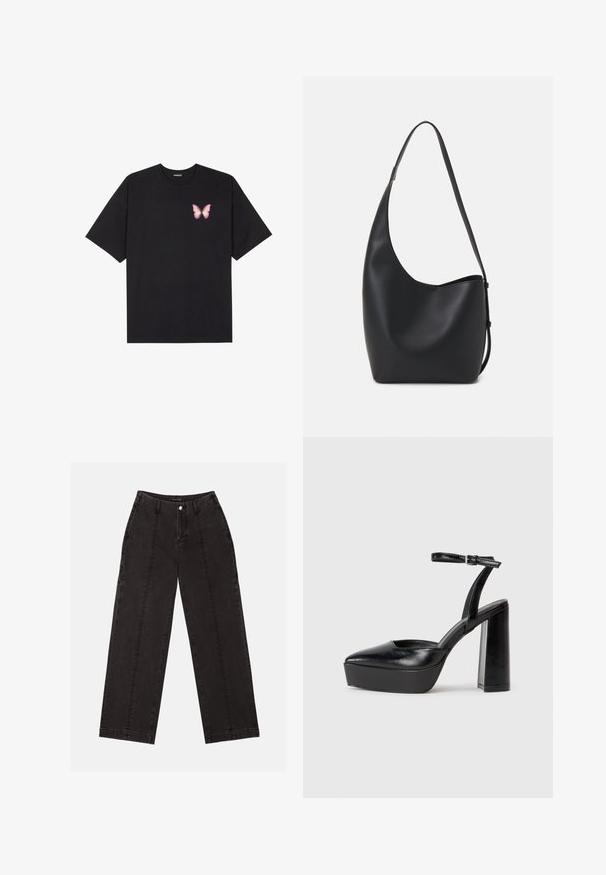 Camiseta de algodón negra de manga corta, con un pequeño gráfico de mariposa rosa en el lado izquierdo del pecho. Diseño de cuello redondo con un corte relajado.; Pantalones vaqueros anchos negros de denim, con cintura alta, cierre de botón en la parte frontal y dos líneas de costura vertical en la parte delantera.; Zapatos de tacón negro con punta afilada y correa ajustable en el tobillo. Confeccionados en cuero suave, presentan un tacón grueso.; Bolso tipo hobo de cuero negro con una textura suave, forma curvada y una sola correa ajustable; presenta una amplia apertura en la parte superior.