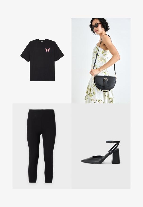 Crna pamučna majica s kratkim rukavima, s malim grafičkim prikazom ružičaste vjetricaste s desne strane na prsima. Dizajn s okruglim izrezom i opuštenim krojem.; Crne tajice izrađene od rastezljivog materijala. Imaju bešavni pojas i uski dizajn do članaka s glatkom teksturom.; Crne kožne cipele s špicastim vrhom, remenom oko gležnja i debelim potplatom. Ravna tekstura, elegantan dizajn i minimalistička estetika.; Crna kožna torba s lukovitim oblikom, odvojivim remenom i zlatnim detaljima. Torba ima preklop s kopčom.