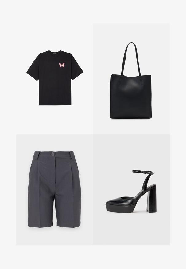 Black cotton t-shirt with short sleeves, featuring a small pink butterfly graphic on the left chest. Crew neck design with a relaxed fit.; Gray tailored shorts with pleats, button closure, and side pockets. Made from a smooth, lightweight fabric with a structured fit.; Black platform heels with a pointed toe and adjustable ankle strap. Constructed from smooth leather, featuring a chunky block heel.; Black leather tote bag with smooth texture, rectangular shape, and two long handles. No visible hardware or embellishments.
