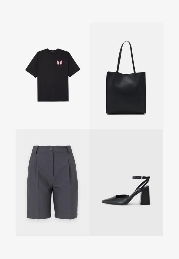 Svart bomulls T-skjorte med korte ermer, med en liten rosa sommerfugl grafikk på venstre bryst. Crew-neck design med en avslappet passform.; Grå skreddersydde shorts med legg, knappelukking og sidelommer. Laget av et jevnt, lett stoff med en strukturert passform.; Svart lær pumps med spiss tå, ankelrem og kraftig hæl. Flat tekstur, strømlinjeformet design og minimalisme.; Svart lær tote bag med glatt tekstur, rektangulær form og to lange håndtak. Ingen synlige deler eller dekorasjoner.