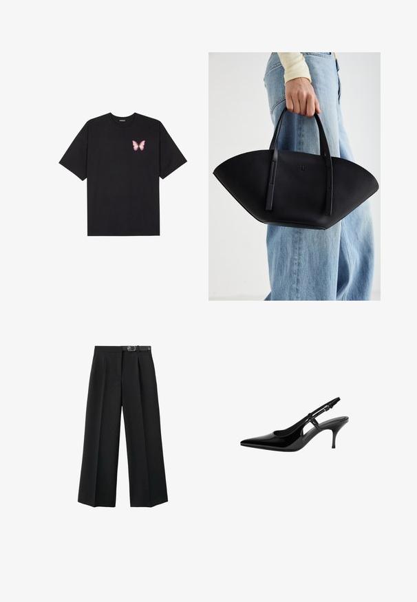 Schwarzes Baumwoll-T-Shirt mit kurzen Ärmeln, das ein kleines pinkes Schmetterlingsmotiv auf der linken Brust zeigt. Crewneck-Design mit einem entspannten Schnitt.; Schwarze weite Hose aus gewebtem Stoff, ausgestattet mit einem Gurtbund, Falten und einer glatten Textur.; Schwarze Lackleder-Slingback-Pumpe mit spitzem Zehenbereich, offenen seitlichen Ausschnitten, schlanker Absatz und verstellbarem Knöchelriemen.; Schwarze Lederhandtasche mit einzigartiger Fächerform, ausgestattet mit flachen Griffen. Die Oberfläche hat eine genoppte Textur und ein minimalistisches Design.