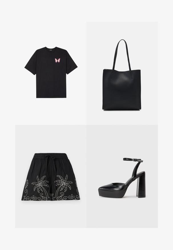 Čierne bavlnené tričko s krátkymi rukávmi, s malým ružovým motýlikom na ľavej hrudi. Design s okrúhlym výstrihom a uvoľneným strihom.; Čierne šortky s elastickým pásom a šnúrkou. Majú biele výšivky paliem a vírivých vzorov pozdĺž lemu. Mäkká textúra látky.; Čierne platformové podpätky so špicatou špičkou a nastaviteľným členkovým remienkom. Vyrobené z hladkej kože a so robustným blokovým podpätkom.; Čierna kožená taška na rameno s hladkým povrchom, obdĺžnikovým tvarom a dvoma dlhými uchami. Bez viditeľného kovania alebo ozdôb.