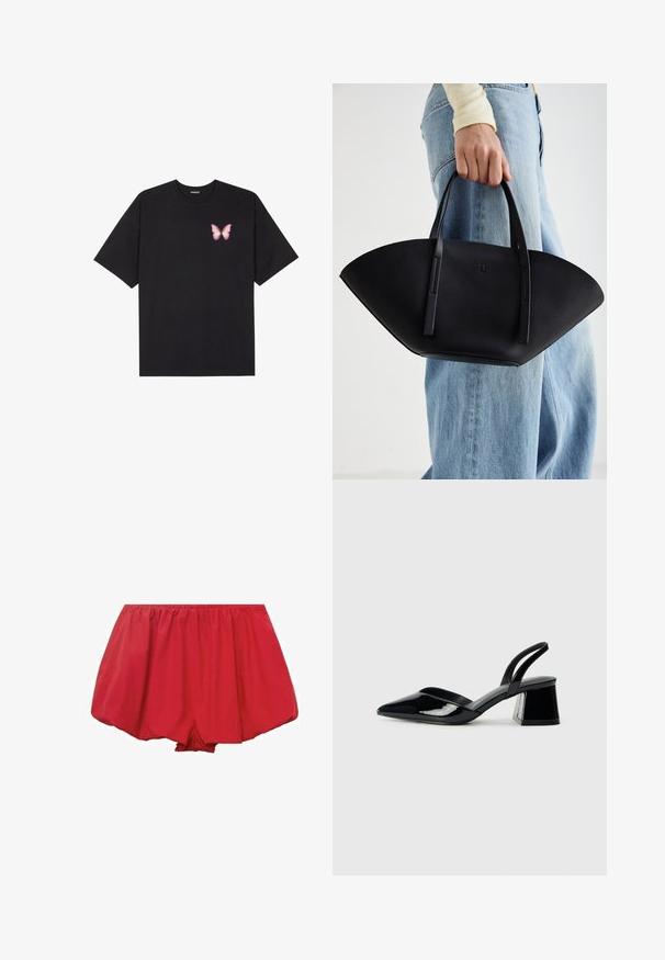 Black cotton t-shirt with short sleeves, featuring a small pink butterfly graphic on the left chest. Crew neck design with a relaxed fit.; Red, lightweight shorts with an elastic waistband. Featuring a loose, flared design and gathered fabric for a relaxed fit.; Black patent leather slingback heels with a pointed toe and a geometric block heel. Features a sleek, minimal design and smooth texture.; Black leather handbag with a unique fan shape, featuring flat handles. The surface has a pebbled texture and a minimalistic design.