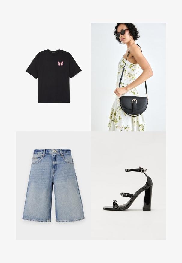 T-shirt de algodão preto com mangas curtas, apresentando um pequeno gráfico de borboleta rosa no lado esquerdo do peito. Design de gola redonda com um corte solto.; Culottes de denim em azul claro com um acabamento desbotado, apresentando uma cintura alta, bolsos frontais e um corte largo e reto.; Sandálias pretas de verniz com salto alto, duas fivelas, biqueira quadrada e salto largo, apresentando uma textura lisa e brilhante.; Bolsa de couro preta com forma curva, alça destacável e detalhes em dourado. A bolsa possui uma aba com detalhe de fivela.