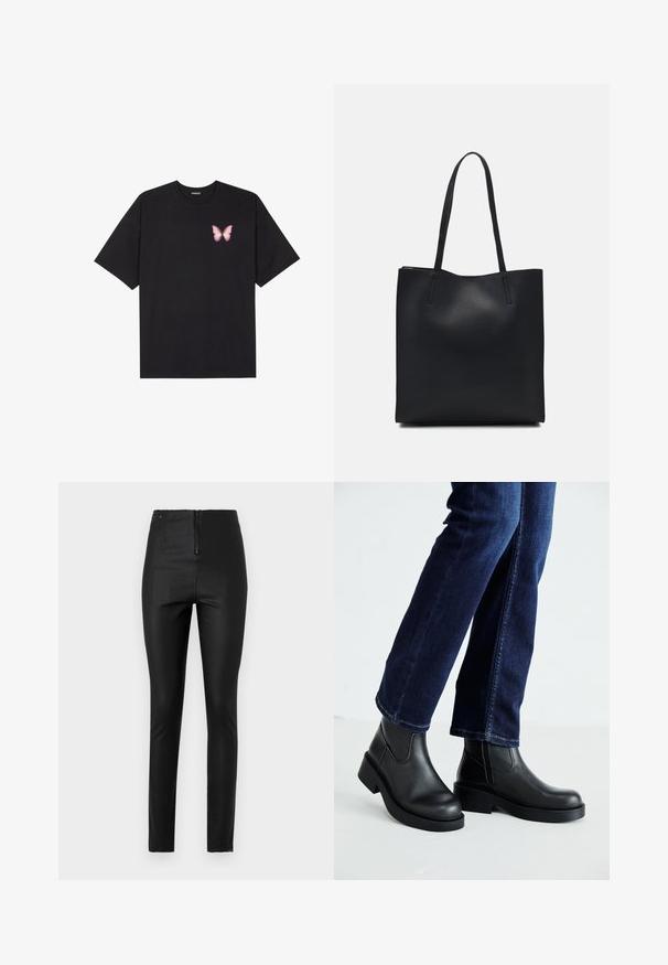 Zwarte katoenen t-shirt met korte mouwen, voorzien van een kleine roze vlinder graphic op de linkerkant van de borst. Crew neck ontwerp met een relaxte fit.; Zwarte, aansluitende broek van sleek materiaal, met een rits aan de voorkant en een hoge tailleontwerp met minimalistische details.; Zwarte leren enkelboots met een dikke zool en zij-elastische panelen, gecombineerd met donkerblauwe jeans. De grond is lichtgekleurd.; Zwarte leren handtas met een gladde textuur, rechthoekige vorm en twee lange handvaten. Geen zichtbare hardware of versieringen.