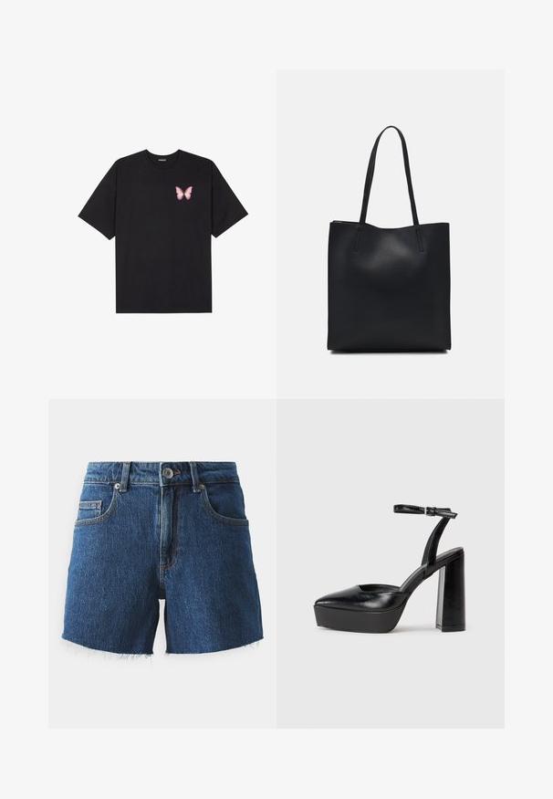 T-shirt de algodão preto com mangas curtas, apresentando um pequeno gráfico de borboleta rosa no lado esquerdo do peito. Design de gola redonda com um corte solto.; Calções de ganga em azul-escuro com bainha desfiada, apresentando um fecho frontal por botão, passadores para cinto e dois bolsos frontais. Textura suave.; Saltos altos pretos com bico fino e atilho ajustável no tornozelo. Confeccionados em couro suave, apresentam um salto bloco robusto.; Bolsa tote preta em couro com textura lisa, forma retangular e duas alças longas. Sem hardware ou enfeites visíveis.
