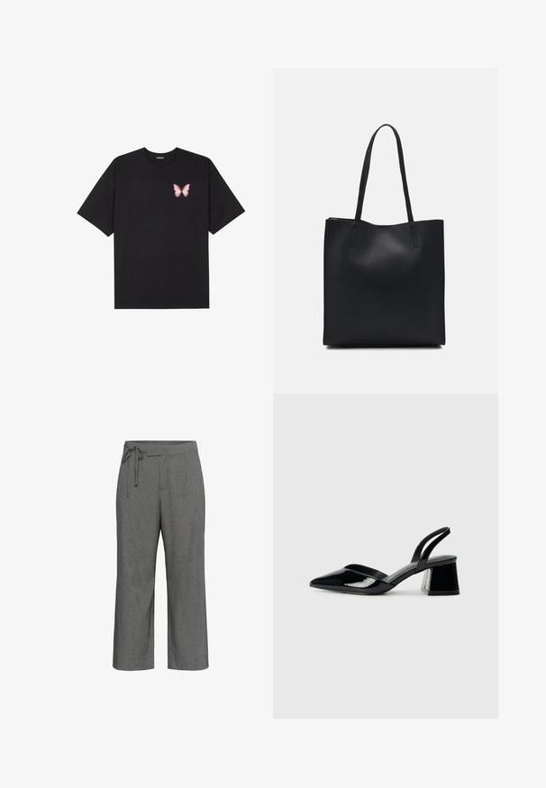 T-shirt nera in cotone con maniche corte, caratterizzata da una piccola grafica di una farfalla rosa sul lato sinistro del petto. Design a girocollo con una vestibilità rilassata.; Pantaloni grigi a gamba larga con sottile motivo a righe, vita alta e dettaglio con cintura a stringa annodata in vita.; Décolleté in vernice nera con punta affusolata e tacco in geometria cubica. Presentano un design elegante e minimalista, con una texture liscia.; Borsa tote in pelle nera con texture liscia, forma rettangolare e due manici lunghi. Nessun hardware o decorazione visibile.