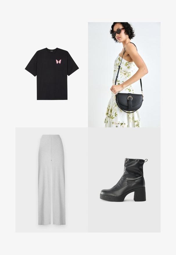 Must muströöpidega must puuvillane T-särk, vasakul rinnal on väike roosa liblikas. Ümar kaelus ja vabalt istuv lõige.; Heledad hallhalli ribatatud lai jalataskud kõrge vöökoht ja ees olev lõhe. Valmistatud pehmest kangast, millel on sile tekstuur.; Mustad mustad ansapüksid, mis on valmistatud siledast nahast, külje zipperiga, paksu tekstuuriga kontsaga ja ümmarguse nina disainiga.; Mustmust mustraha kõverate joontega, eemaldatava rihmaga ja kuldsete detailidega. Kotil on klapp, millel on pandladetail.