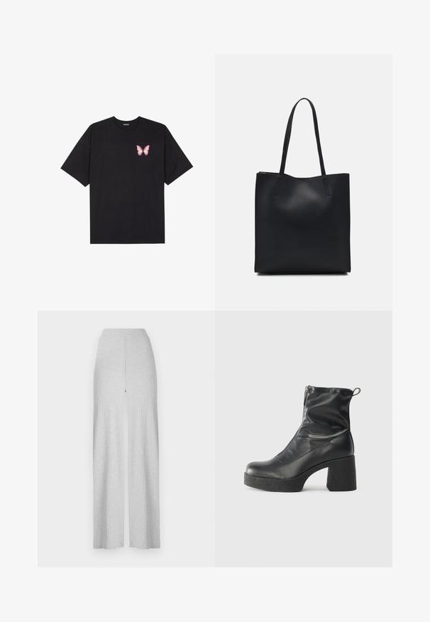 Camiseta de algodón negra de manga corta, con un pequeño gráfico de mariposa rosa en el lado izquierdo del pecho. Diseño de cuello redondo con un corte relajado.; Pantalones de pierna ancha gris claro de canalé con una cintura alta y una abertura frontal. Fabricados en un tejido suave con una textura lisa.; Botines negros de tobillo, hechos de cuero suave, con cierre lateral, tacón grueso texturizado y diseño de punta redondeada.; Bolso tote de cuero negro con textura lisa, forma rectangular y dos asas largas. Sin herrajes ni adornos visibles.