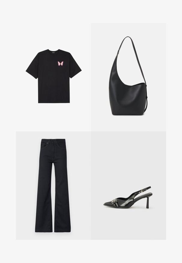 T-shirt de algodão preto com mangas curtas, apresentando um pequeno gráfico de borboleta rosa no lado esquerdo do peito. Design de gola redonda com um corte solto.; Jeans pretos com boca de sino, feitos de denim, apresentando uma cintura alta, cinco bolsos e detalhes de costura subtis. Tecido texturizado com um acabamento suave.; Sapato slingback preto em pele patentada com bico apontado, tiras no tornozelo apresentando fivelas e acessórios prateados, e um salto elegante.; Saco hobo preto em pele com uma textura lisa, forma curva e uma única alça ajustável; apresenta uma abertura larga na parte de cima.