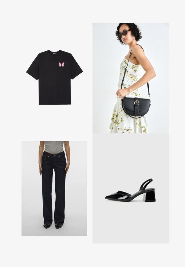 Melna kokvilnas T-krekls ar īsām piedurknēm, kuram priekšā kreisajā pusē ir neliels rozā tauriņa grafiskais attēls. Ar apaļu kaklu un brīvā stila piegriezumu.; Tumši zilie džinsi ar taisnu kāju griezumu, piecu kabatu dizainu un kontrastējošām šuvēm. Priekšējā pogu aizdare ar rāvējslēdzēju.; Melna lakota āda ar atvērto papēdi, ar smailu purngalu un ģeometrisku blokpapēdi. Iezīmējas elegants, minimāls dizains un gluda tekstūra.; Melnas ādas rokassoma ar izliekta formu, noņemamu siksnu un zelta aksesuāriem. Somai ir vāciņš ar sprādzes detaļu.