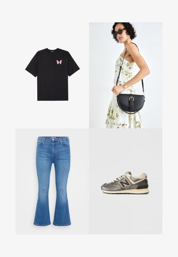 Zwarte katoenen t-shirt met korte mouwen, voorzien van een kleine roze vlinder graphic op de linkerkant van de borst. Crew neck ontwerp met een relaxte fit.; Lichtblauwe denim flared jeans, met een hoge taille, vijf zakken en een klassieke knoopsluiting. Soepele textuur met subtiele vervaging.; Grijze en beige New Balance sneaker met zwart "N" logo, vetersluiting en gestructureerde zool op een witte achtergrond.; Zwarte leren handtas met een gebogen vorm, afneembare schouderband en gouden hardware. De tas heeft een klep met een gespsluiting.