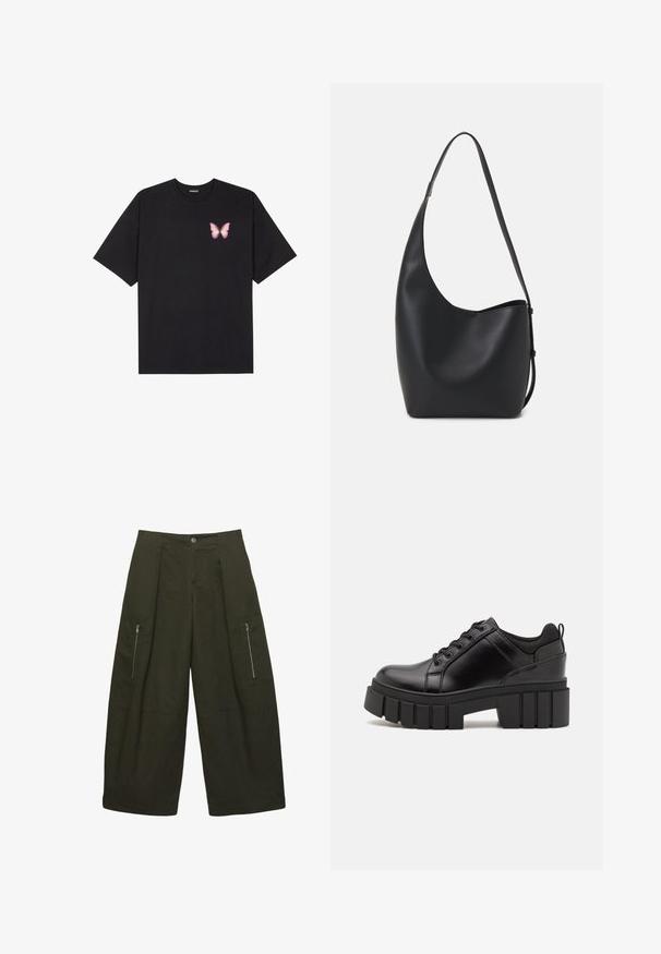T-shirt nera in cotone con maniche corte, caratterizzata da una piccola grafica di una farfalla rosa sul lato sinistro del petto. Design a girocollo con una vestibilità rilassata.; Pantaloni cargo a gamba larga in tessuto verde scuro, dotati di due tasche laterali con zip, design frontale plissettato e dettagli cuciti all'orlo.; Scarpe platform in pelle nera con tacco a blocco robusto, punta rotonda e design tradizionale con lacci. Presentano una superficie liscia e dettagli minimi.; Borsa hobo nera in pelle con una superficie liscia, forma curvata e una singola tracolla regolabile; presenta un'ampia apertura nella parte superiore.