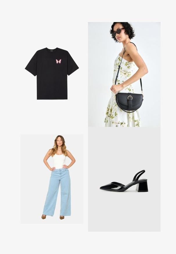 Melna kokvilnas T-krekls ar īsām piedurknēm, kuram priekšā kreisajā pusē ir neliels rozā tauriņa grafiskais attēls. Ar apaļu kaklu un brīvā stila piegriezumu.; Gaiši zili platajām biksēm ar augstu jostasvietu, izgatavotām no džinsa, ir pogu un rāvējslēdzēja aizdare, apvienotas ar pieguļošu baltu topu.; Melna lakota āda ar atvērto papēdi, ar smailu purngalu un ģeometrisku blokpapēdi. Iezīmējas elegants, minimāls dizains un gluda tekstūra.; Melnas ādas rokassoma ar izliekta formu, noņemamu siksnu un zelta aksesuāriem. Somai ir vāciņš ar sprādzes detaļu.