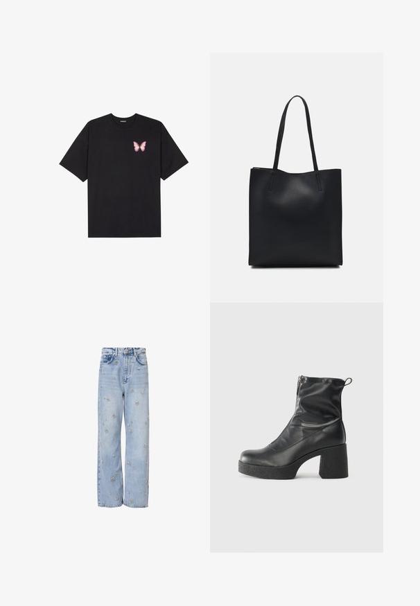Tricou negru din bumbac cu mâneci scurte, având pe partea stângă a pieptului un mic grafic cu un fluture roz. Design cu guler rotund și croială lejeră.; Jeans din denim albastru deschis cu o croială relaxată, având broderie florală argintie pe întreaga suprafață și un stil standard cu cinci buzunare.; Bocanci negri de glezna din piele netedă, cu fermoar lateral, toc texturat și masiv, și design cu vârf rotund.; Geantă tote neagră din piele, cu textură netedă, formă rectangulară și două mânere lungi. Fără hardware vizibil sau ornamente.