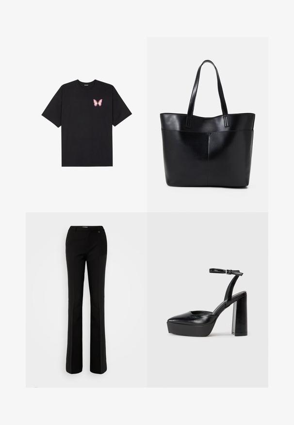 Black cotton t-shirt with short sleeves, featuring a small pink butterfly graphic on the left chest. Crew neck design with a relaxed fit.; ONLY Tall ONLABBA LIFE FLARED - Trousers - black; Black platform heels with a pointed toe and adjustable ankle strap. Constructed from smooth leather, featuring a chunky block heel.; Black leather tote bag with two long handles, a smooth texture, and a structured shape. Features a front pocket for additional storage.