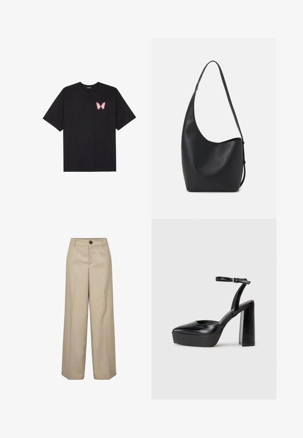 Zwarte katoenen t-shirt met korte mouwen, voorzien van een kleine roze vlinder graphic op de linkerkant van de borst. Crew neck ontwerp met een relaxte fit.; Beige high-waisted broek met wijde pijpen, een enkele voorste knoop, lussen voor een riem en persplooien. Soepele textuur en op maat gemaakte silhouet.; Zwarte plateauhakken met een puntige neus en verstelbare enkelband. Gemaakt van soepel leer, met een robuuste blokhak.; Zwarte leren hobo tas met een gladde textuur, kromme vorm en een enkele verstelbare schouderband; heeft een brede opening aan de bovenkant.