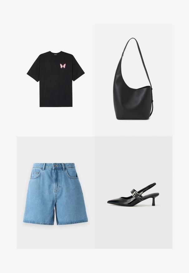 Fekete pamut póló rövid ujjakkal, bal mellkason egy kis rózsaszín pillangó grafikával. Kerek nyakú kialakítás, laza fazonnal.; Világoskék farmer rövidnadrág magas derékkal, két elülső zsebbel és gombos záródással. Az anyag sima textúrájú, enyhe kopással.; Fekete lakkbőr slingback sarkú cipők hegyes orral és kis blokk talppal, ezüst csat díszítéssel a pánton.; Fekete bőr hobo táska sima textúrával, ívelt formával és egyetlen állítható pánttal; széles nyílás található a tetején.