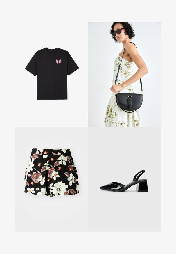 Fekete pamut póló rövid ujjakkal, bal mellkason egy kis rózsaszín pillangó grafikával. Kerek nyakú kialakítás, laza fazonnal.; Fekete virágmintás rövidnadrág, nagy világoszöld és narancssárga virágokkal, sötét levelekkel, plisszírozott dizájnnal és zsebekkel az oldalán.; Fekete lakk bőr szandálkés magas sarkú cipő, hegyes orral és geometrikus tömbsarkakkal. Karcsú, minimalista dizájn és sima textúra jellemzi.; Fekete bőrtáska ívelt formával, levehető pánttal és arany színű fémrészekkel. A táskán egy csattal díszített fedél található.