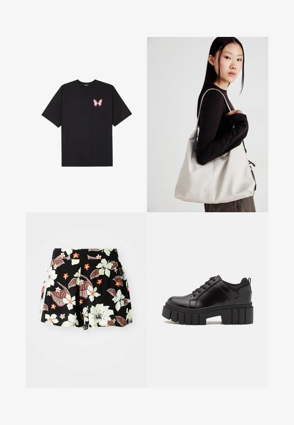 Fekete pamut póló rövid ujjakkal, bal mellkason egy kis rózsaszín pillangó grafikával. Kerek nyakú kialakítás, laza fazonnal.; Fekete virágmintás rövidnadrág, nagy világoszöld és narancssárga virágokkal, sötét levelekkel, plisszírozott dizájnnal és zsebekkel az oldalán.; Fekete bőr platform cipők vaskos blokk sarkakkal, kerek orral és hagyományos fűzős kialakítással. Simára csiszolt felület és minimális részletezés jellemzi.; Puha anyagból készült bézs kézitáska, laza dizájnnal, varrott részletekkel és két vállpánttal. Mindennapi használatra alkalmas.