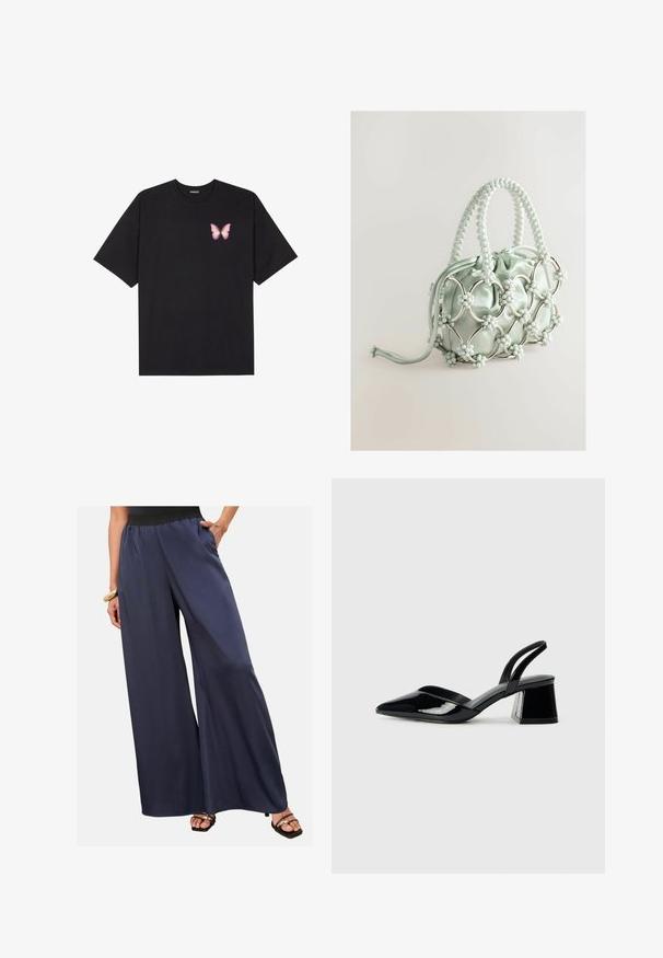 Fekete pamut póló rövid ujjakkal, bal mellkason egy kis rózsaszín pillangó grafikával. Kerek nyakú kialakítás, laza fazonnal.; Nő tengerészkék, bő szárú nadrágban, fekete gumis derékkal, az egyik kezével a zsebében áll, fekete nyitott orrú szandálban.; Fekete lakk bőr szandálkés magas sarkú cipő, hegyes orral és geometrikus tömbsarkakkal. Karcsú, minimalista dizájn és sima textúra jellemzi.; Next Kézitáska - blue