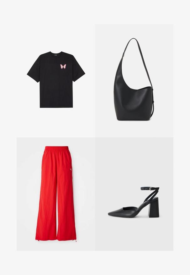 T-shirt en coton noir à manches courtes, avec un petit graphique de papillon rose sur la poitrine gauche. Modèle à col rond avec une coupe décontractée.; Pantalons larges rouges en tissu léger, avec une taille élastique, des poches latérales et un discret logo sur le côté.; Escarpin noir en cuir à bout pointu avec une bride de cheville et un talon épais. Texture lisse, design élégant et esthétique minimaliste.; Sac hobo en cuir noir avec une texture lisse, une forme incurvée et une seule sangle réglable ; dispose d'une large ouverture en haut.