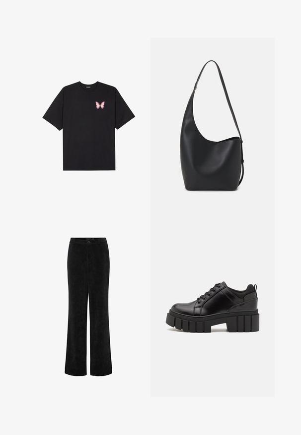 Crna pamučna majica s kratkim rukavima, s malim grafičkim prikazom ružičaste vjetricaste s desne strane na prsima. Dizajn s okruglim izrezom i opuštenim krojem.; Crne baršunaste široke hlače s teksturiranim završetkom, s kopčanjem na dugme i petljama za remen. Klasičan ravni oblik s bočnim džepovima.; Crne kožne platforme s debelim blok-peta, okruglim prstima i klasičnim dizajnom vezanja. Imaju gladak tekstur i minimalne detalje.; Crna kožna hobo torba s glatkom teksturom, zakrivljenim oblikom i jednom podesivom trakicom; ima širok otvor na vrhu.