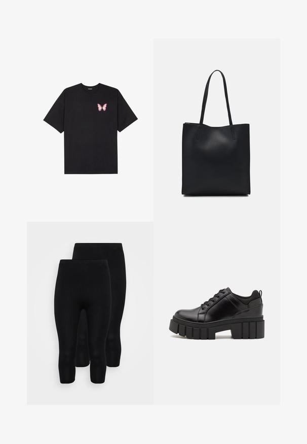 Fekete pamut póló rövid ujjakkal, bal mellkason egy kis rózsaszín pillangó grafikával. Kerek nyakú kialakítás, laza fazonnal.; Fekete, rugalmas, varrás nélküli leggings, középidőig érő hosszúsággal, sima textúrával és kényelmes, rugalmas derékkal.; Fekete bőr platform cipők vaskos blokk sarkakkal, kerek orral és hagyományos fűzős kialakítással. Simára csiszolt felület és minimális részletezés jellemzi.; Fekete bőrtáska sima felszínnel, téglalap alakú, két hosszú füllel. Nincs látható fémkiegészítő vagy díszítés.