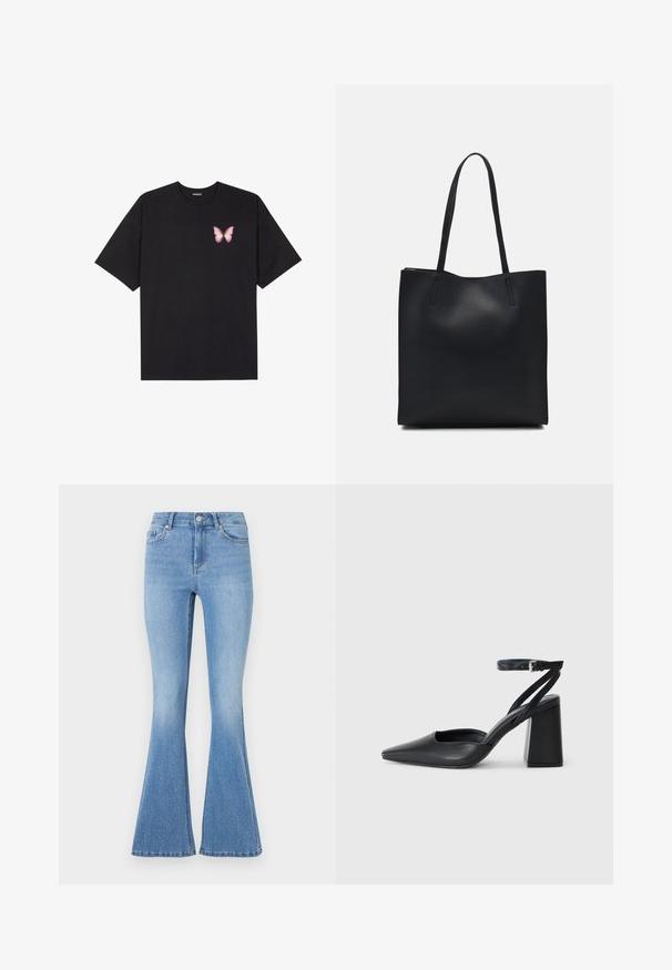 Svart bomullströja med korta ärmar, med en liten rosa fjärilsgrafik på vänster bröst. Rundad halsdesign med en avslappnad passform.; Ljusblå utsvängda jeans med en slät denimtextur, prydda med spridda silvernitar för dekoration på framsidan och en klassisk femficksdesign.; Svart läderpumps med spetsig tå, ankelrem och kraftig klack. Slät textur, stilren design och minimalistisk estetik.; Svart lädertoffelväska med slät textur, rektangulär form och två långa handtag. Ingen synlig hårdvara eller dekorationer.