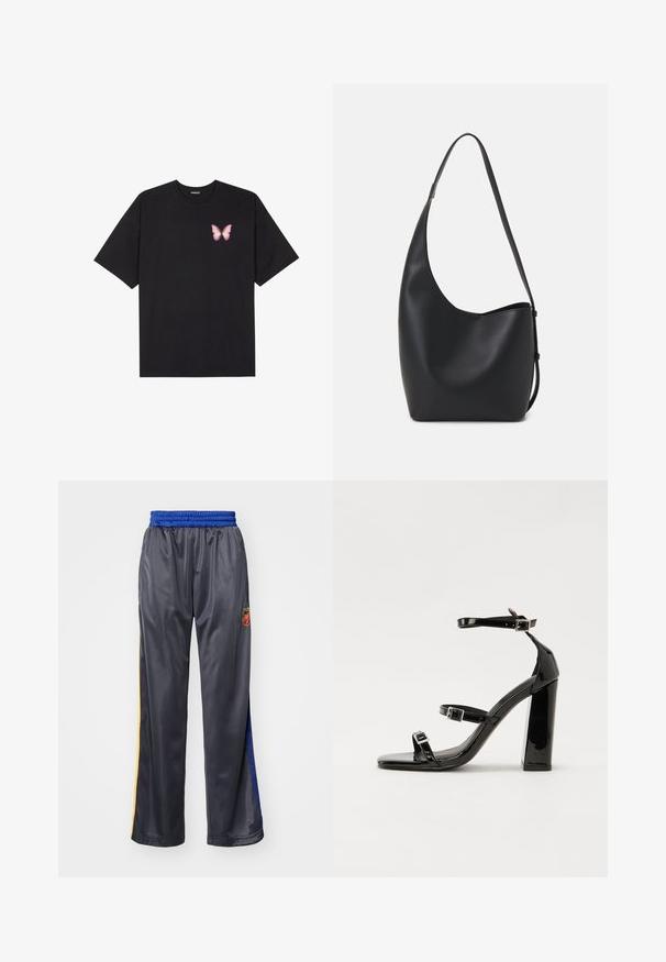 Melna kokvilnas T-krekls ar īsām piedurknēm, kuram priekšā kreisajā pusē ir neliels rozā tauriņa grafiskais attēls. Ar apaļu kaklu un brīvā stila piegriezumu.; Jaded London FOOTBALL JOGGERS - Treniņtērpa apakšdaļas - blue; Melnas lakotas augstpapēžu čības ar kvadrāta purngalu, potīšu siksniņām un sudraba sprādzēm. Aprīkotas ar masīvu bloku papēdi stabilitātei.; Melnas ādas hobo soma ar gludu tekstūru, izliekta forma un vienu regulējamu jostu; augšā ir plaša atvere.