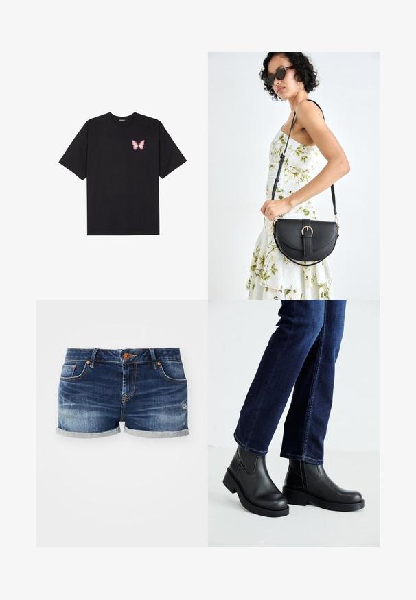 Melna kokvilnas T-krekls ar īsām piedurknēm, kuram priekšā kreisajā pusē ir neliels rozā tauriņa grafiskais attēls. Ar apaļu kaklu un brīvā stila piegriezumu.; Džinsu šorti ar tumši zilu tonalitāti, ar pagrieztiem malu galiem, nolietotiem akcentiem un metāla detaļām, ieskaitot pogu un priekšējām kabatām.; Melnas ādas potīšu zābaki ar masīvu zoli un sānu elastīgām daļām, kombinēti ar tumši ziliem džinsiem. Zeme ir gaišā krāsā.; Melnas ādas rokassoma ar izliekta formu, noņemamu siksnu un zelta aksesuāriem. Somai ir vāciņš ar sprādzes detaļu.